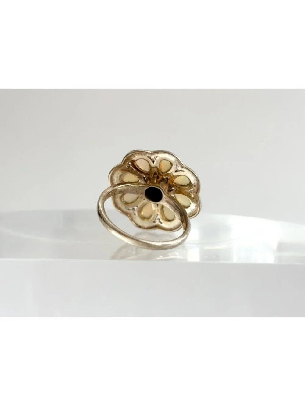 Teardrop Yellow Opal Scalloped Floral Sterling Silver 925 Vintage Ring - sz 8